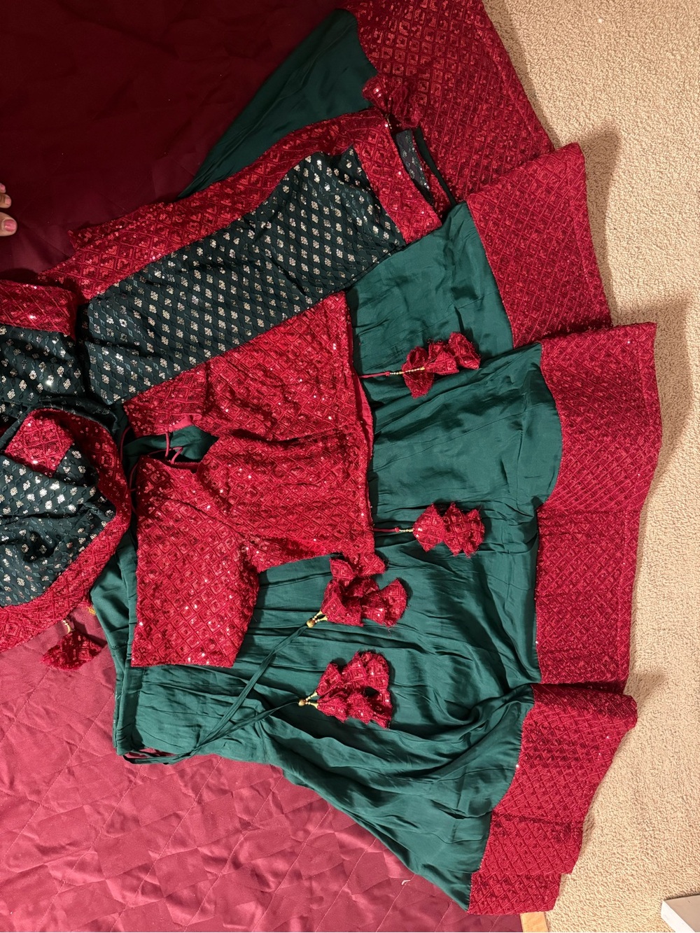 Luxurious Red & Green Women's Robe with Decorative Tassels